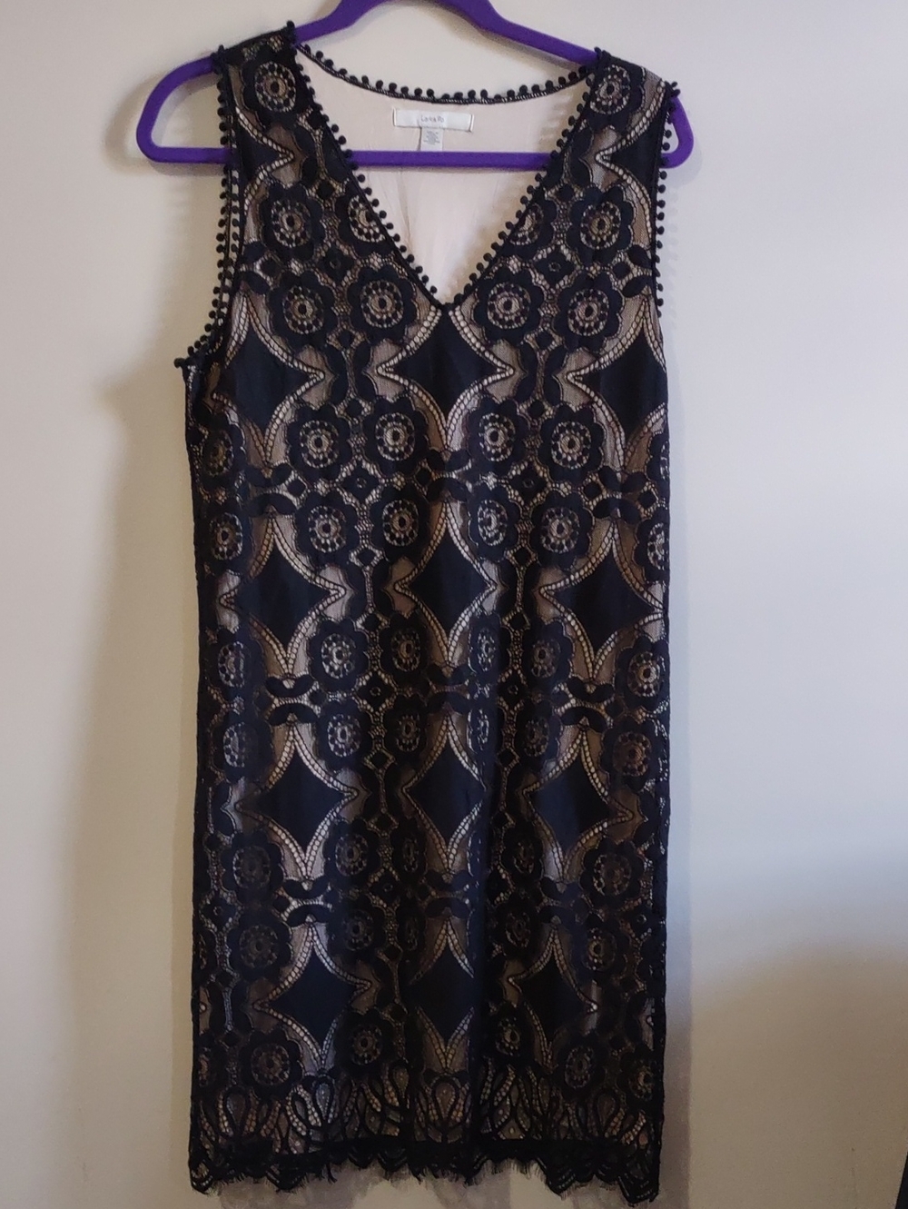 Lark & Ro Black Lace Midi Dress with Nude Slip